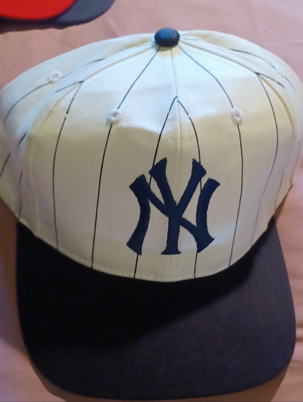New Era White Pinstripe Baseball Cap with Navy Logo and Visor